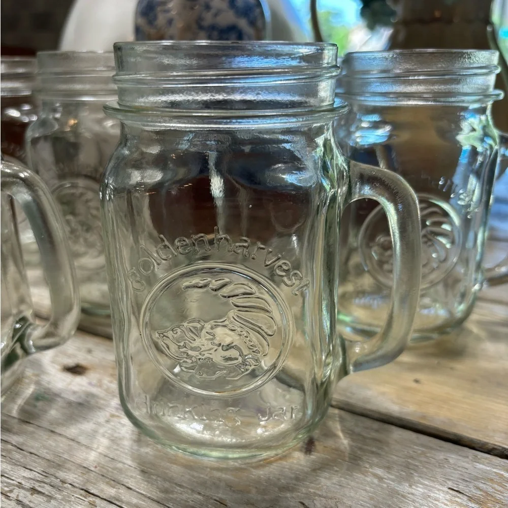 7 Vintage Anchor Hocking Mug Glasses. Golden Harvest Mason Cornucopia 5.25”